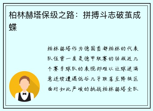 柏林赫塔保级之路：拼搏斗志破茧成蝶